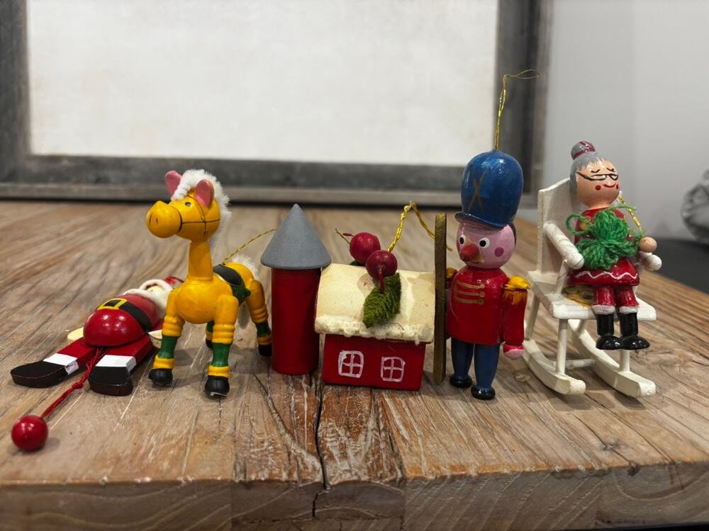 Vintage Christmas Ornament Lot of 5 Wood Taiwan Soldier Santa House Grandma